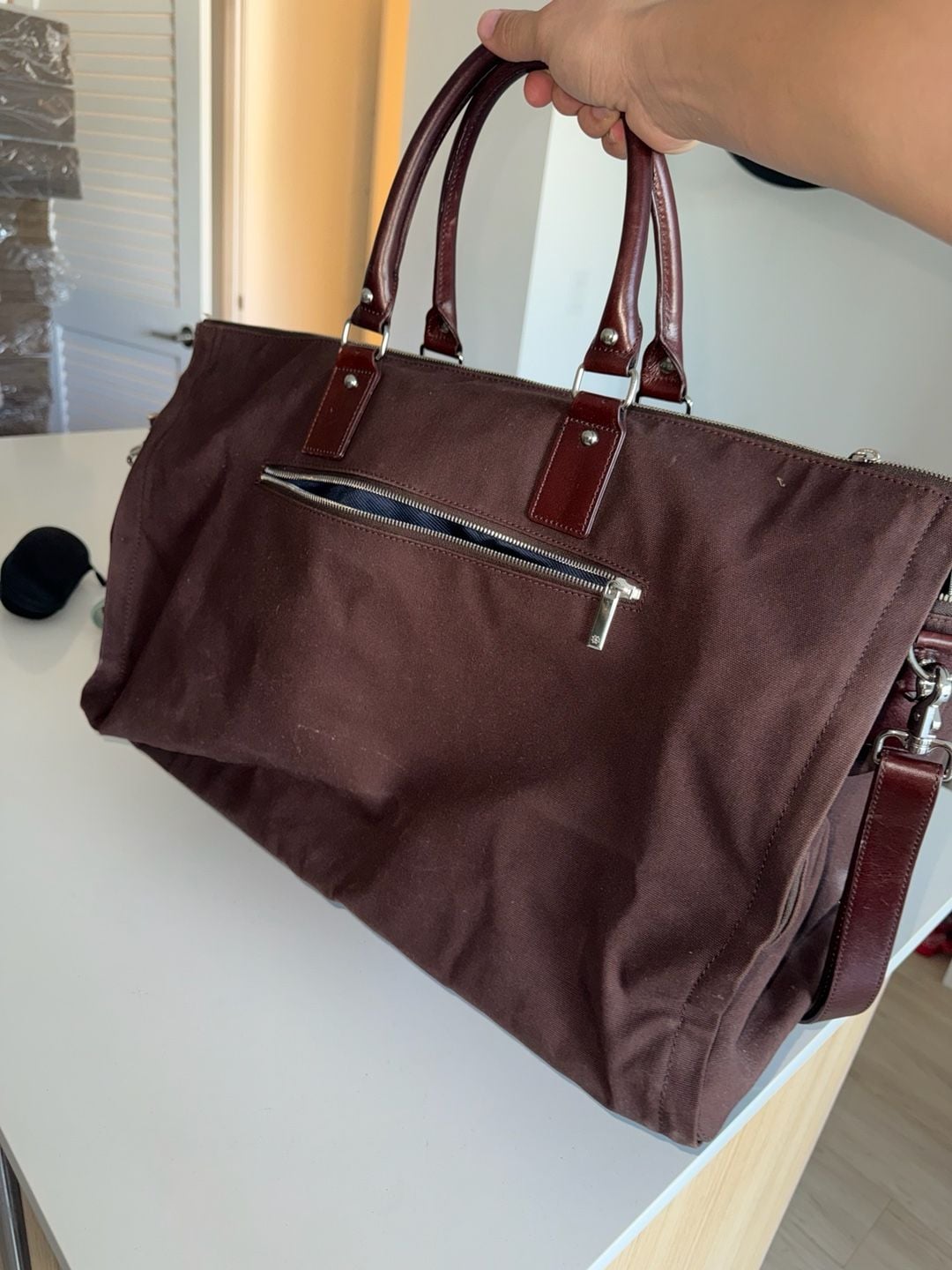 Hook & Albert Canvas Leather Trim Garment Weekender Duffel Bag Maroon Red — image 3 of 8